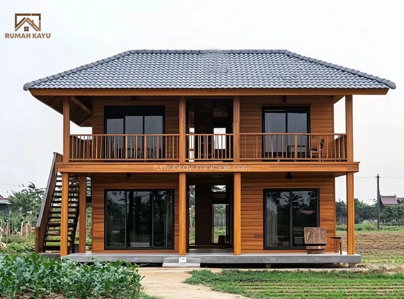 rumah kayu minimalis modern kayu jati berkualitas tipe 2 lantai